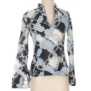 Tory Burch Chain Print Blouse Top Women Size 2 Navy Cotton Long Sleeve Designer